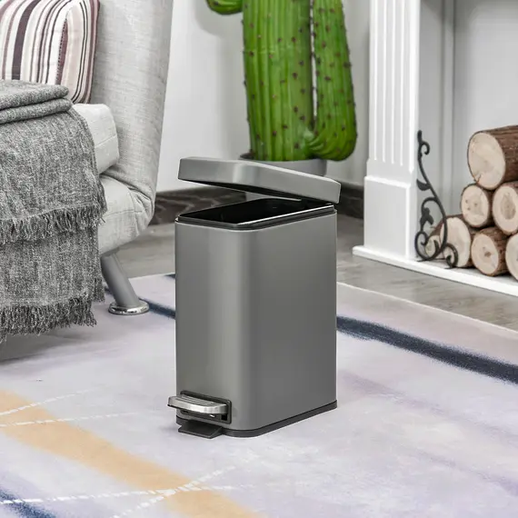 Buy 5L Rectangular Compact Bin Steel Body Removable Bucket Quiet-Close Lid w/ Pedal Lid Rubbish Trash Can Home Office Bedroom Bathroom Living Room Garbage Tidy Clean Grey, 9 image