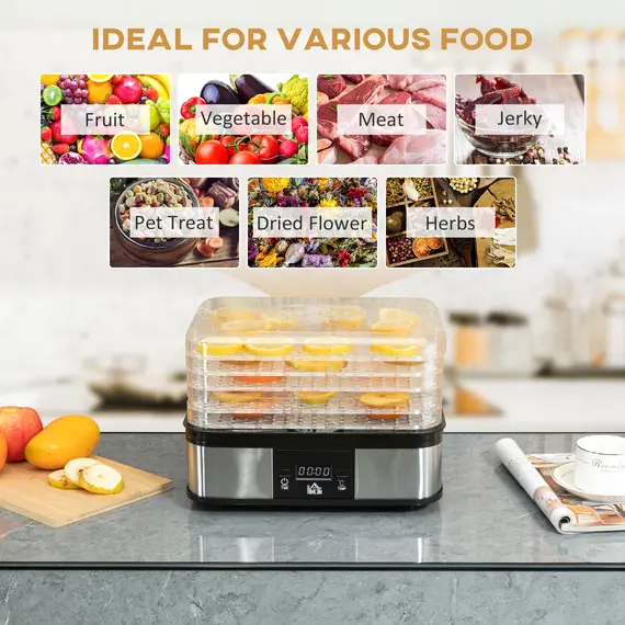 Buy 5 Tier Food Dehydrator, 245W Stainless Steel Food Dryer Machine with Adjustable Temperature, Timer and LCD Display for Drying Fruit, Meat, Vegetable, Jerky and Pet Treat, Black, 4 image