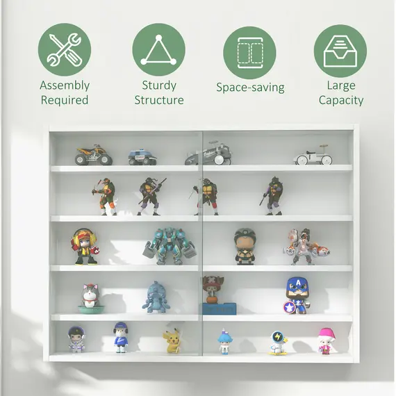 Buy 5-Tier Wall Display Shelf Unit Cabinet w/ 4 Adjustable Shelves Glass Doors Home Office Ornaments 60x80cm White, 6 image