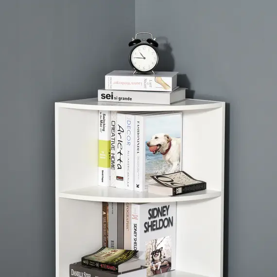 Buy 4-Tier Corner Open Shelf Bookcase Fan Bookshelf Plants Stand Wood Freestanding Unit, 40x40x120cm, White, 7 image