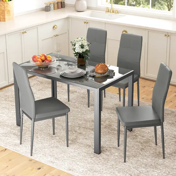 Buy 5-Piece Kitchen Dining Table Set with 4 Faux Leather Metal Frame Chairs Glass Tabletop Desk for Dining Room, Kitchen, Dinette, Grey, 2 image