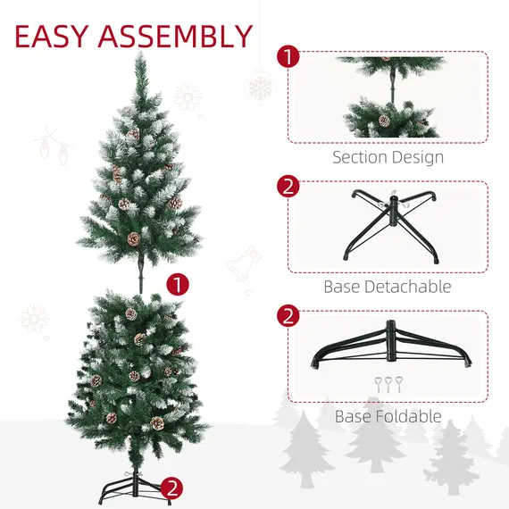 Buy 5 Ft Snow Artificial Christmas Tree with Realistic Branches, Pine Cone, for Indoor Decoration, Green White, 8 image