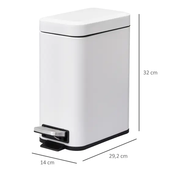 Buy 5L Rectangular Compact Bin Steel Body Removable Bucket Quiet-Close Lid w/ Pedal Lid Rubbish Trash Can Home Office Bedroom Bathroom Living Room Garbage Tidy Clean White, 3 image
