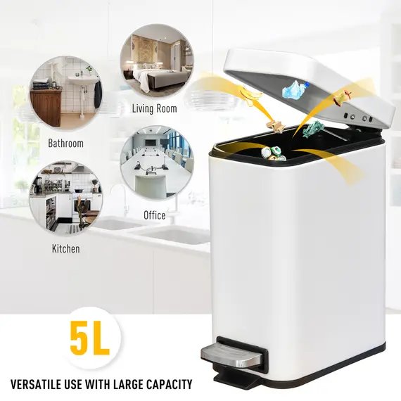 Buy 5L Rectangular Compact Bin Steel Body Removable Bucket Quiet-Close Lid w/ Pedal Lid Rubbish Trash Can Home Office Bedroom Bathroom Living Room Garbage Tidy Clean White, 4 image