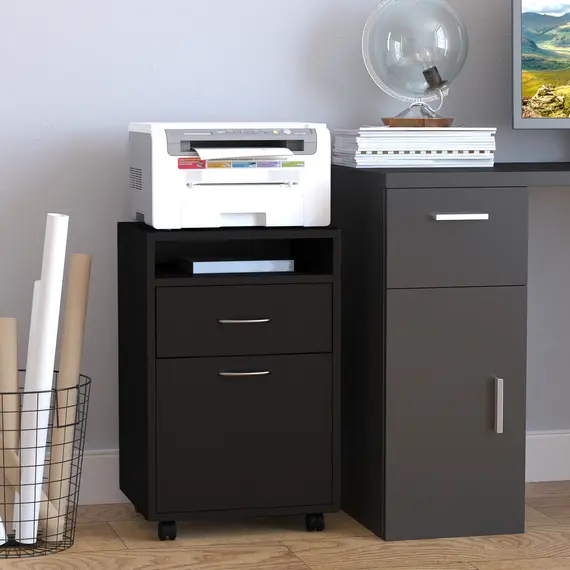 Buy 60cm Filing Cabinet with Drawer, Open Shelf, Metal Handles and 4 Wheels, Office Home Organiser Mobile Printer, Black, 2 image
