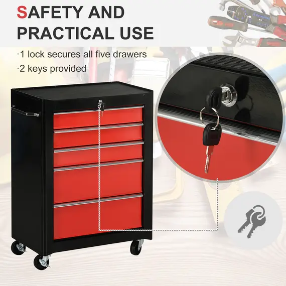 Buy 5-Drawer Tool Chest, Lockable Steel Tool Storage Cabinet with Wheels and Handle Tool Box for Garage, Workshop, Red, 4 image