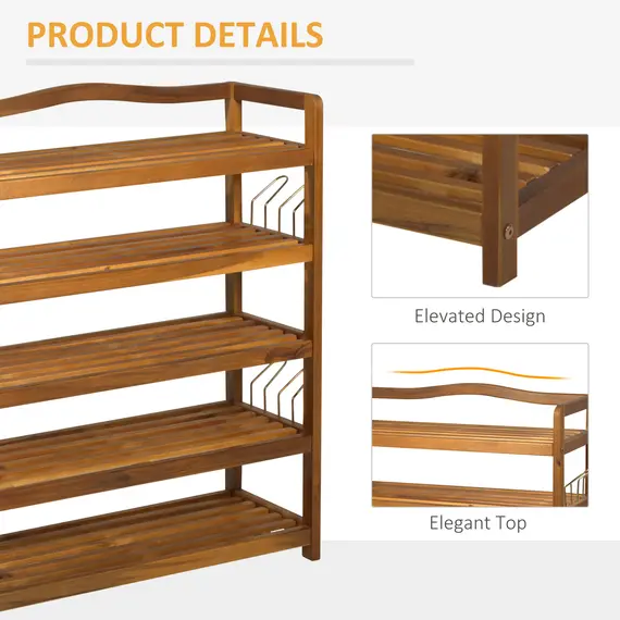 Buy 5-Tier Shoe Rack, Acacia Wooden Shoe Storage Organiser with Hangers, Holds up to 24 Pairs, for Entryway, Living Room, 64 x 26 x 82 cm, Teak, 5 image