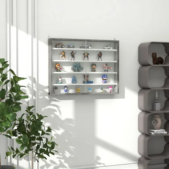 Buy 5-Tier Wall Display Shelf Unit Cabinet w/ 4 Adjustable Shelves Glass Doors Home Office Ornaments 60x80cm Grey Wood Grain, 2 image