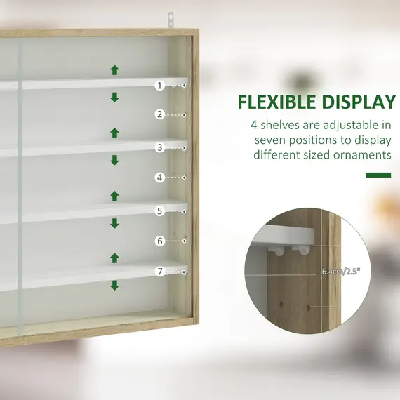 Buy 5-Tier Wall Display Shelf Unit Cabinet w/ 4 Adjustable Shelves Glass Doors Home Office Ornaments 60x80cm Natural, 4 image