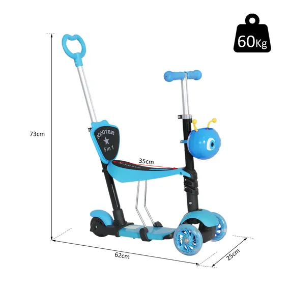 Buy 5 in1 Kids  Scooter 3 Wheel Toddler scooter Kick Scooter with Adjustable Handlebar, Removable Seat & Back Rest for 18 Month+, Blue, 3 image