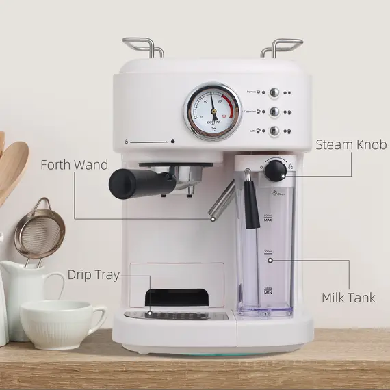 Buy 5Pc Coffee Machine, Espresso & Cappuccino & Latte Maker with Milk Frothing Steamer, 1.5L Removable Water Tank, 2 Cups, 1250W, 4 image