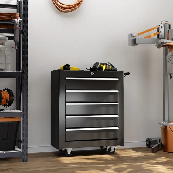 Buy 5-Drawer Tool Chest with Wheels, Steel Lockable Tool Storage Cabinet with Handle, 2 Keys for Garage, Workshop, Black, 2 image