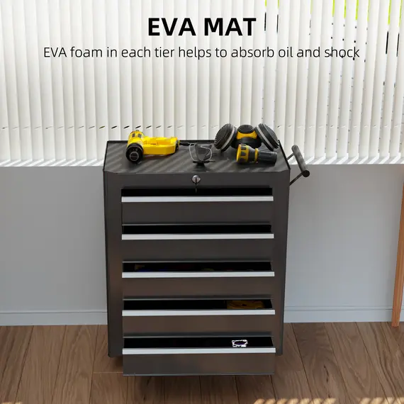 Buy 5-Drawer Tool Chest with Wheels, Steel Lockable Tool Storage Cabinet with Handle, 2 Keys for Garage, Workshop, Black, 5 image