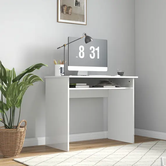 Buy 90 x 50cm Computer Table, Modern Home Office Desk, Small Writing Desk with Storage Shelf, High Gloss White, 8 image