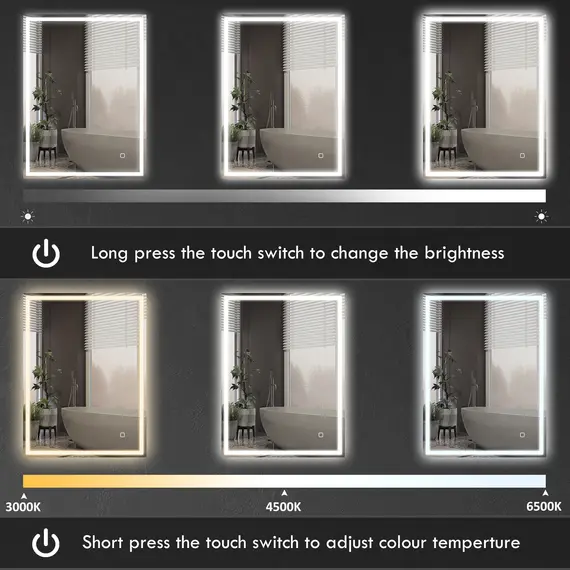Buy 90 x 70cm LED Bathroom Mirror with Lights, Dimmable Makeup Mirror, Vanity Mirror with 3 Colour, Smart Touch, Anti-Fog, 5 image
