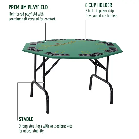 Buy 8 Player Folding Games Poker Table with Chip Cup Holder Steel Base Felt Top Octagon Blackjack Green, 4 image