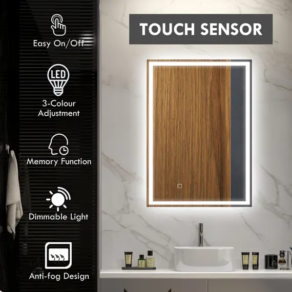 Buy 70 x 50cm LED Bathroom Mirror with Lights, Dimmable Makeup Mirror, Vanity Mirror with 3 Colour, Smart Touch, Anti-Fog, 4 image