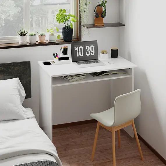 Buy 90 x 50cm Computer Table, Modern Home Office Desk, Small Writing Desk with Storage Shelf, High Gloss White, 2 image