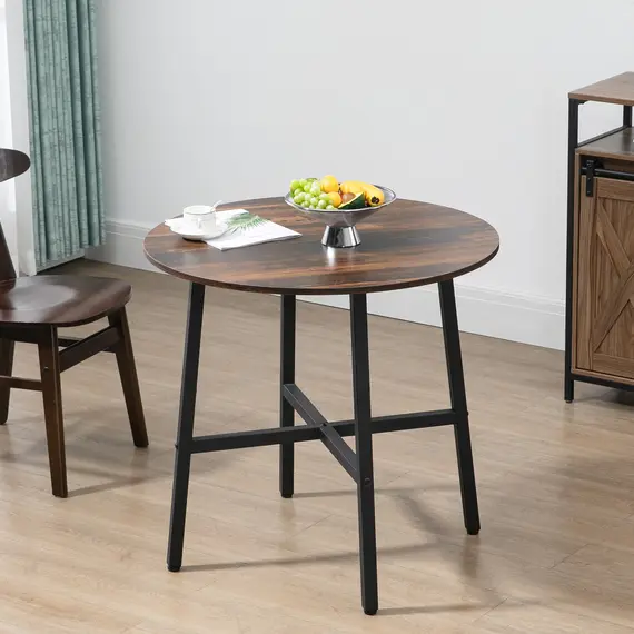 Buy 85cm Dining Room Table, Industrial Style Kitchen Table Round  with Steel Legs, Rustic Brown, 2 image