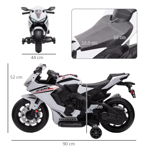 Buy 6V Honda Licensed Kids Motorcycle w/ Music, Training Wheels - White, 3 image