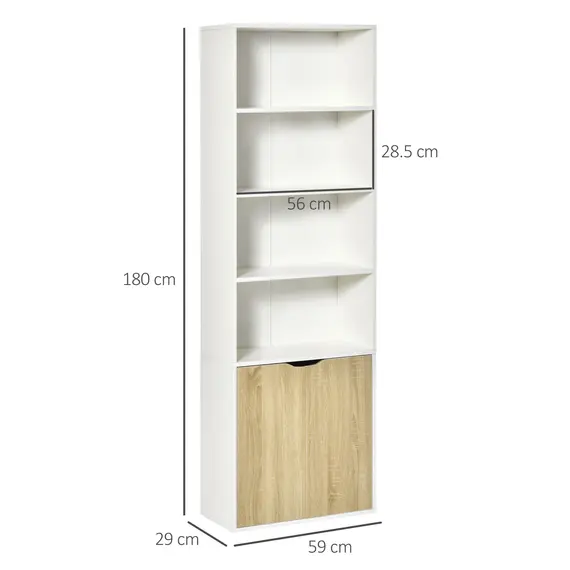 Buy 6-Tier Tall Bookcase, Bookshelf with 4 Open Shelves and Double Door Storage Cabinet, Freestanding Display Rack for Living Room, Bedroom, Home Office, Study, 59 x 29 x 180cm, White and Oak, 3 image