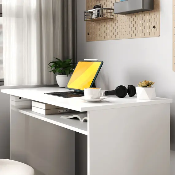 Buy 90 x 50cm Computer Table, Modern Home Office Desk, Small Writing Desk with Storage Shelf, High Gloss White, 7 image