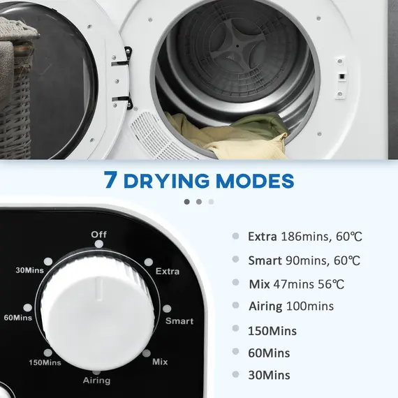 Buy 6kg Vented Tumble Dryer, Freestanding, Wall Mounted, Stackable, Portable Dryer with 7 Programmers, White, 4 image