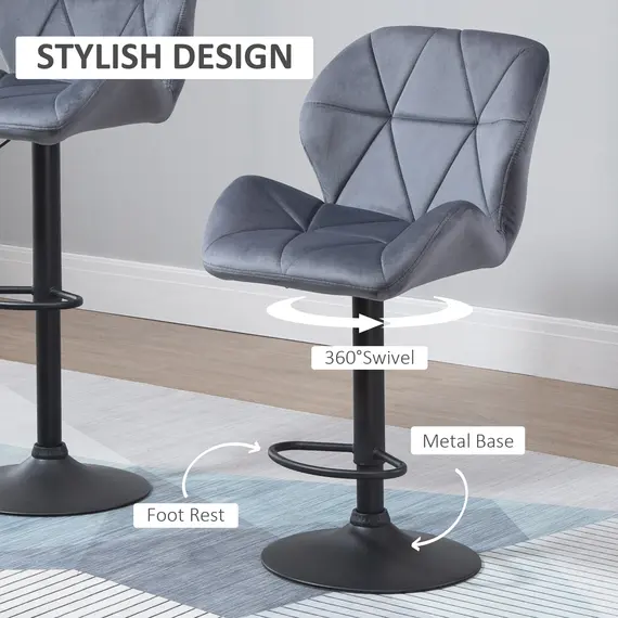 Buy Adjustable Bar Stools Set of 2, Armless Upholstered Swivel Counter Chairs, Barstools with Back, Footrest, Dark Grey, 5 image