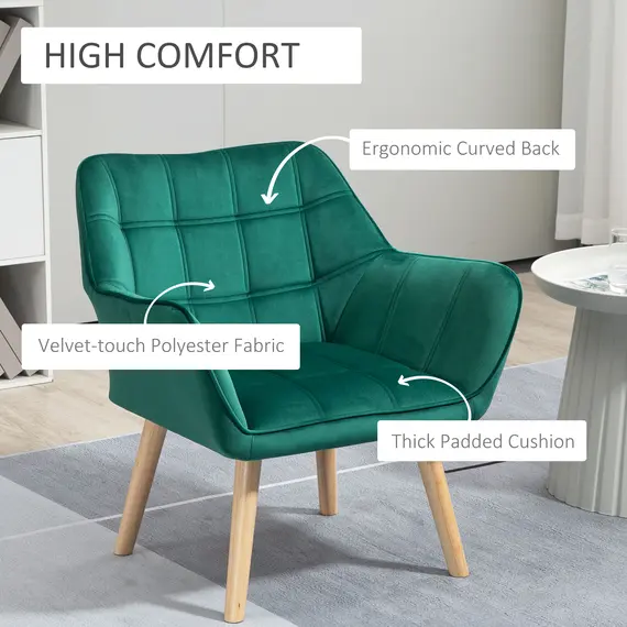 Buy Accent Chair, Arm Chair with Wide Arms, Slanted Back, Thick Padding and Rubber Wooden Legs for Living Room, Green, 4 image