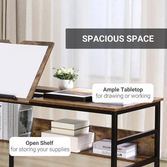 Buy Adjustable Drafting Table Art Desk Drawing Table, Craft Desk Workstation for Painting, Multifunctional Writing Desk w/ 15-Level Tiltable Tabletop and Storage Shelf, Home Office, Rustic Brown, 6 image