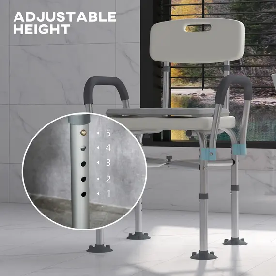 Buy Aluminium Shower Chair with Backs and Arms, Height Adjustable Shower Seat with Removable Padded Cushion, Bath Stool for Seniors, Disabled, Pregnant, White, 6 image
