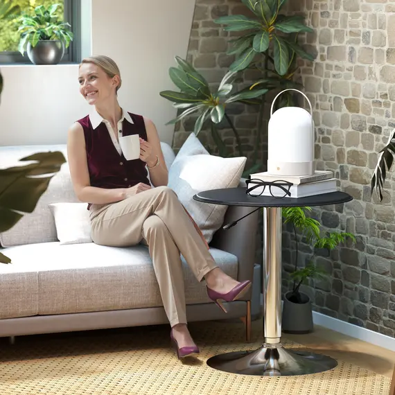 Buy Adjustable Round Bistro Bar Table with PVC Leather Top Steel Base Home Kitchen Dining Desk  Black, 8 image