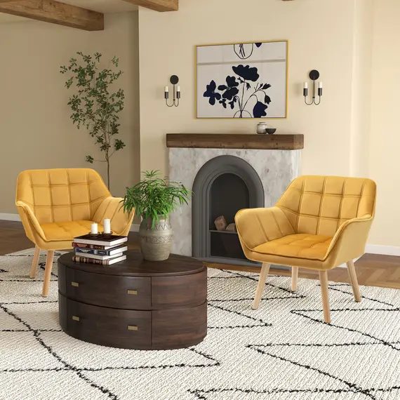Buy Armchair Accent Chair, Vanity Chair with Wide Arms, Slanted Back, Padding, Metal Frame, Wooden Legs, Home Bedroom Furniture Seating, Set of 2, Yellow, 2 image