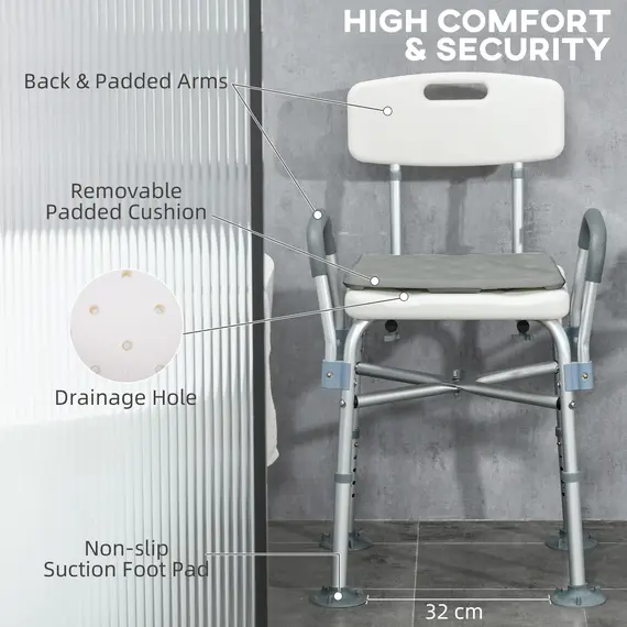 Buy Aluminium Shower Chair with Backs and Arms, Height Adjustable Shower Seat with Removable Padded Cushion, Bath Stool for Seniors, Disabled, Pregnant, White, 4 image