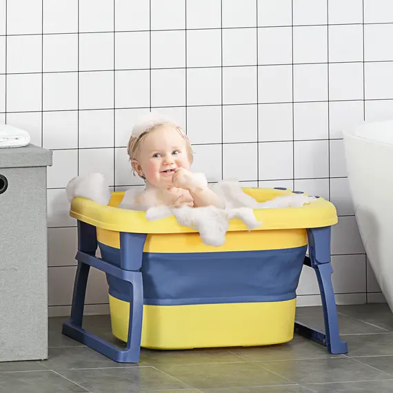 Buy Baby Bathtub for 0-6 Years Collapsible Non-Slip Portable with Stool Seat for Newborns Infants Toddlers Kids - Yellow, 2 image