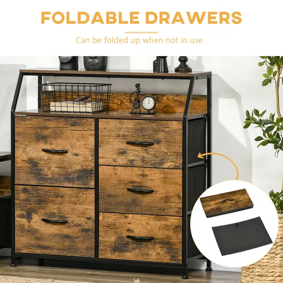 Buy Bedroom Chest of Drawers, Industrial 5 Fabric Drawer Dresser with Open Shelf for Living Room, Rustic Brown, 5 image