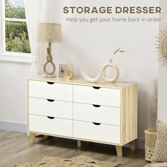 Buy Bedroom Chest of Drawers, Wide 6-Drawer Dresser, Storage Drawer Unit with Wood Legs for Living Room, White and Light Brown, 4 image
