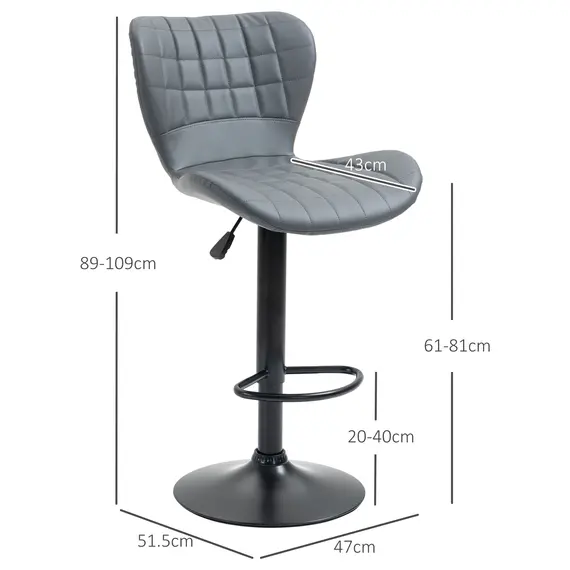 Buy Bar Stools Set of 2 Adjustable Height Swivel Bar Chairs in PU Leather with Backrest & Footrest, Grey, 3 image