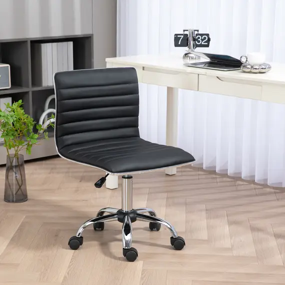 Buy Adjustable Swivel Office Chair with Armless Mid-Back in PU Leather and Chrome Base - Black, 2 image