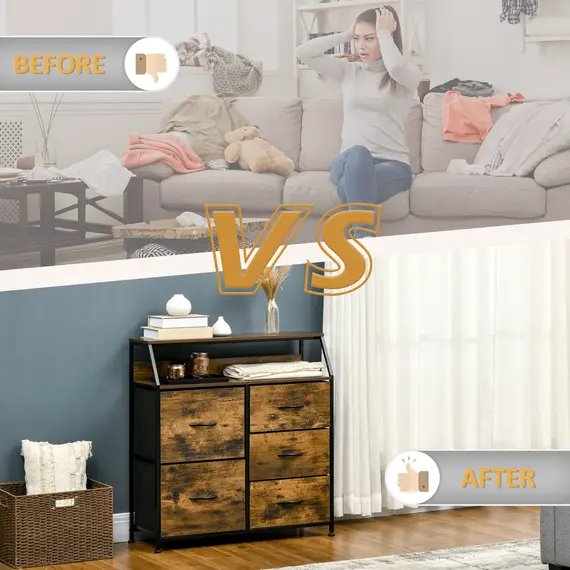 Buy Bedroom Chest of Drawers, Industrial 5 Fabric Drawer Dresser with Open Shelf for Living Room, Rustic Brown, 8 image