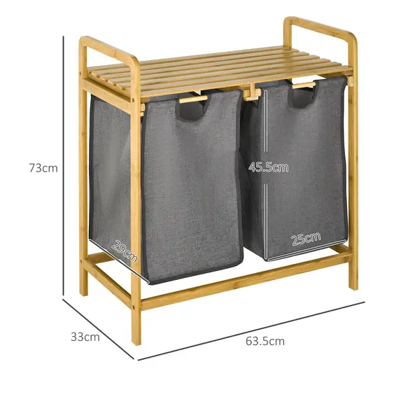 Buy Bamboo Laundry Basket, Laundry Hamper with Shelf, Pull-out Bags for Bedroom, Bathroom, Laundry Room, 64 x 33 x 73 cm, Grey, 3 image