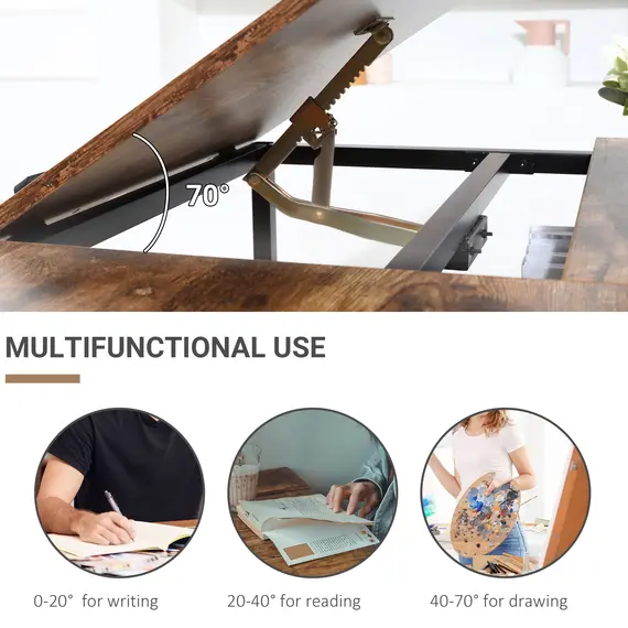 Buy Adjustable Drafting Table Art Desk Drawing Table, Craft Desk Workstation for Painting, Multifunctional Writing Desk w/ 15-Level Tiltable Tabletop and Storage Shelf, Home Office, Rustic Brown, 5 image