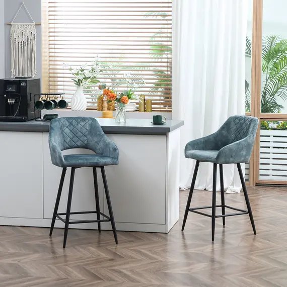 Buy Bar Stools Set of 2, Velvet-Touch Fabric Counter Height Bar Chairs, Kitchen Stools with Steel Legs for Dining Area, Kitchen Island Barstools, Blue, 2 image