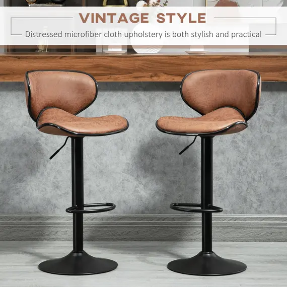 Buy Bar Stool Set of 2 Microfiber Cloth Adjustable Height Armless Chairs with Swivel Seat, Brown, 4 image