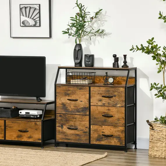 Buy Bedroom Chest of Drawers, Industrial 5 Fabric Drawer Dresser with Open Shelf for Living Room, Rustic Brown, 2 image