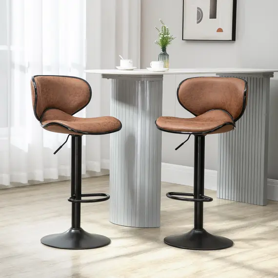 Buy Bar Stool Set of 2 Microfiber Cloth Adjustable Height Armless Chairs with Swivel Seat, Brown, 2 image
