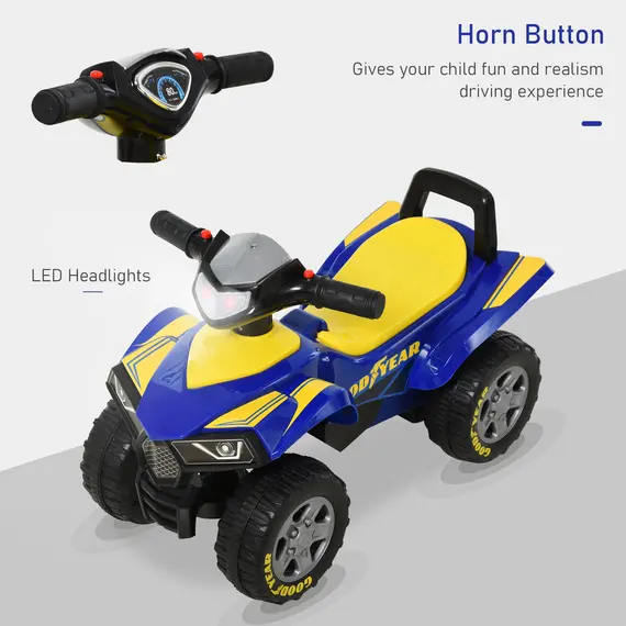 Buy Baby Quad Bike Kids Ride On Car Goodyear Licensed Walker Foot To Floor Slider NO POWER w/ Lights Horn Storage Blue for 18-36 Months, 4 image