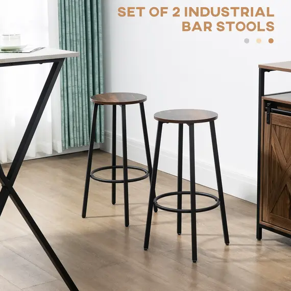 Buy Bar Stools, Set of 2 Kitchen Breakfast Stools with Sturdy Steel Frame, Industrial Tall Bar Chairs, 65cm High Seat, Rustic Brown, 4 image