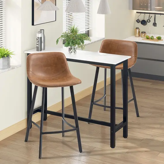 Buy Bar Stools Set of 2, PU Leather Kitchen Stools, Upholstered Breakfast Bar Chairs with Backrest, Steel Legs for Home, Dining Room, Brown, 2 image