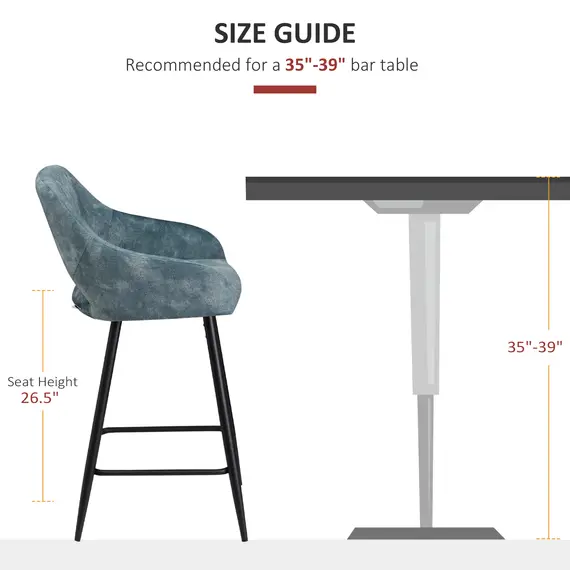 Buy Bar Stools Set of 2, Velvet-Touch Fabric Counter Height Bar Chairs, Kitchen Stools with Steel Legs for Dining Area, Kitchen Island Barstools, Blue, 7 image
